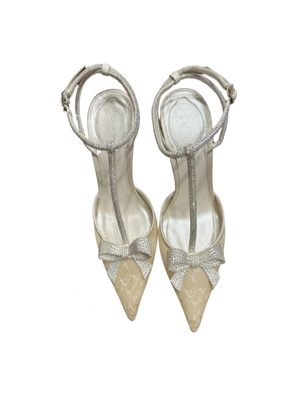 Rene Caovilla Ivory Lace Pointed T-Strap Heels with Crystal Bow